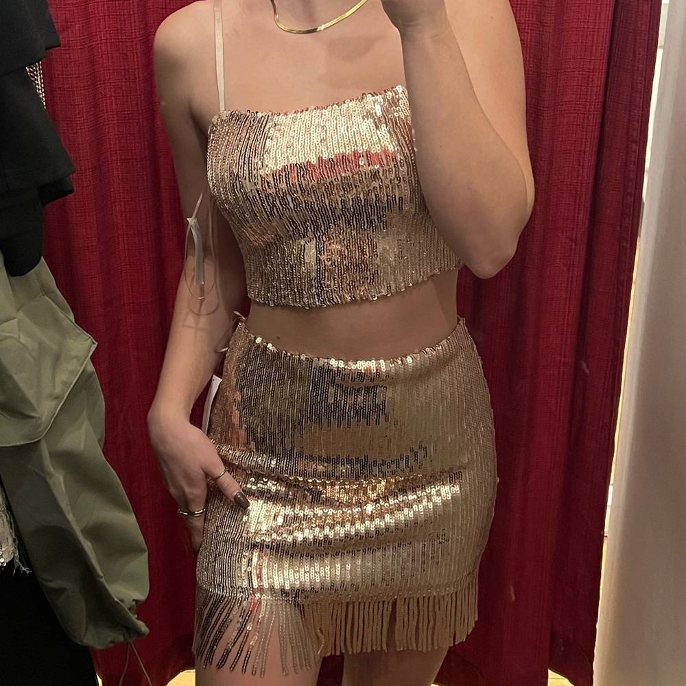 Gold Sequin two-piece set: skirt and tank with fringe